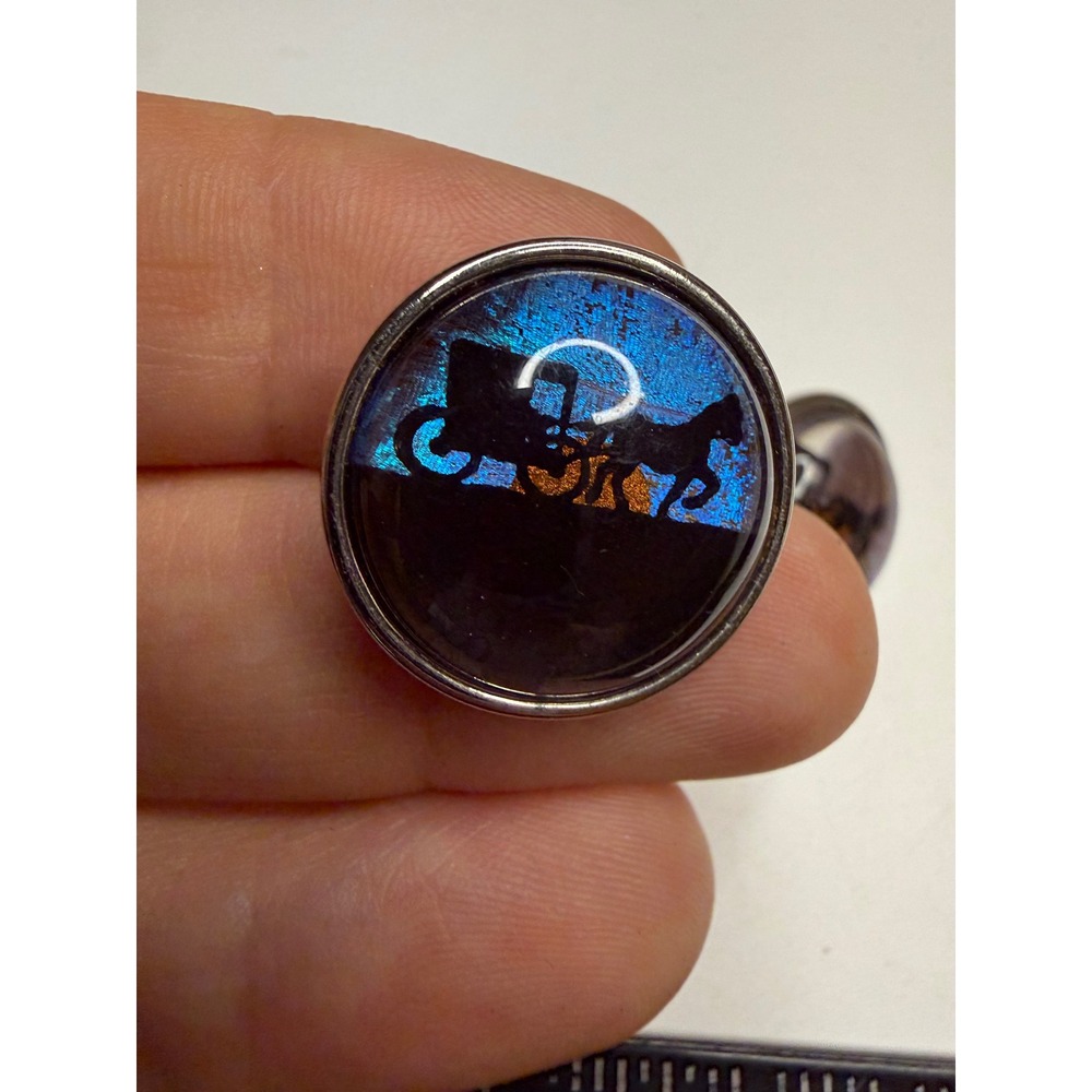 Vintage Morpho Butterfly Wing Horse and Carriage Cufflinks Blue Iridescent Round